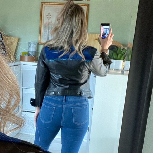 Kippys Black Western Leather Jacket with Blue Calf Hair and Rhinestones Small - Picture 7 of 16